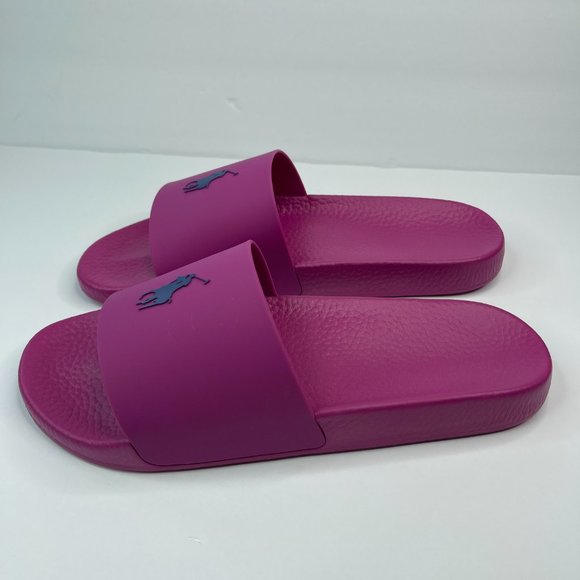 NEW Polo Ralph Lauren Classic Pool Slide Sandals Vivid Pink w/ Blue Pony Size 14 - Picture 2 of 4